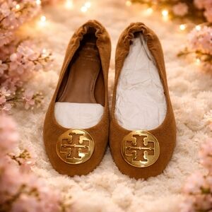 Tory Burch Tan Flats with Gold Emblem